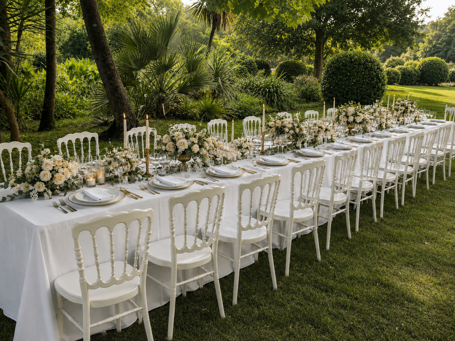 Dîner de mariage dressé dans le parc du Château de Collias