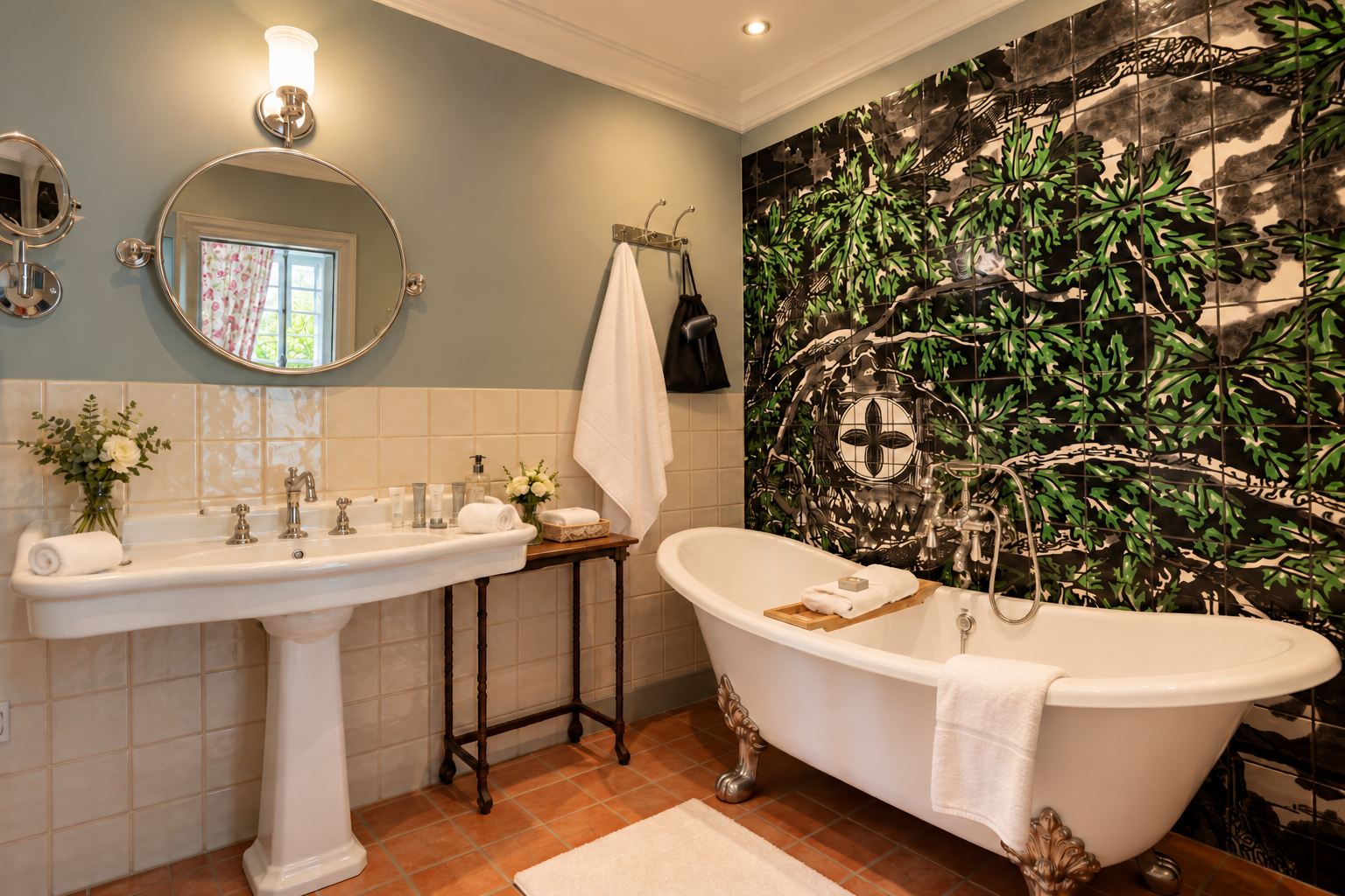 Salle de bain du Château de Collias avec baignoire sur pieds et panneau d’azulejos