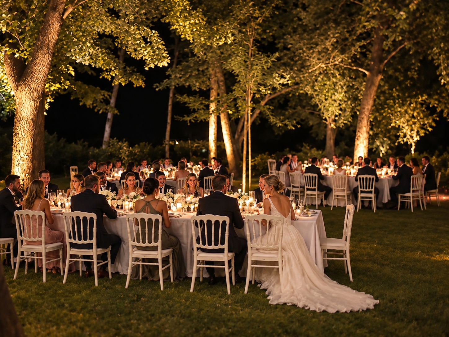 Dîner de mariage de nuit sous les arbres illuminés du parc