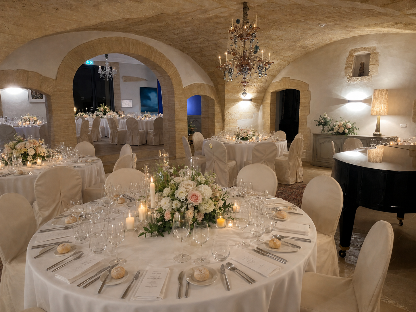 Tables rondes dressées dans la salle voûtée du château
