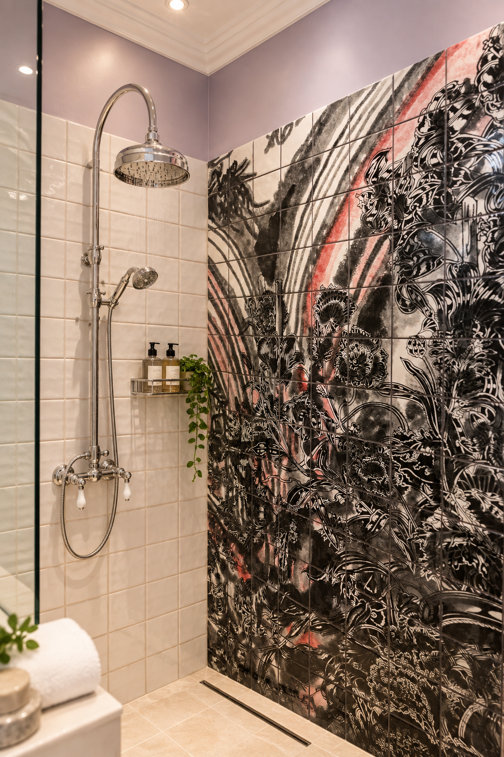 Douche à l’italienne du Château de Collias devant un panneau d’azulejos