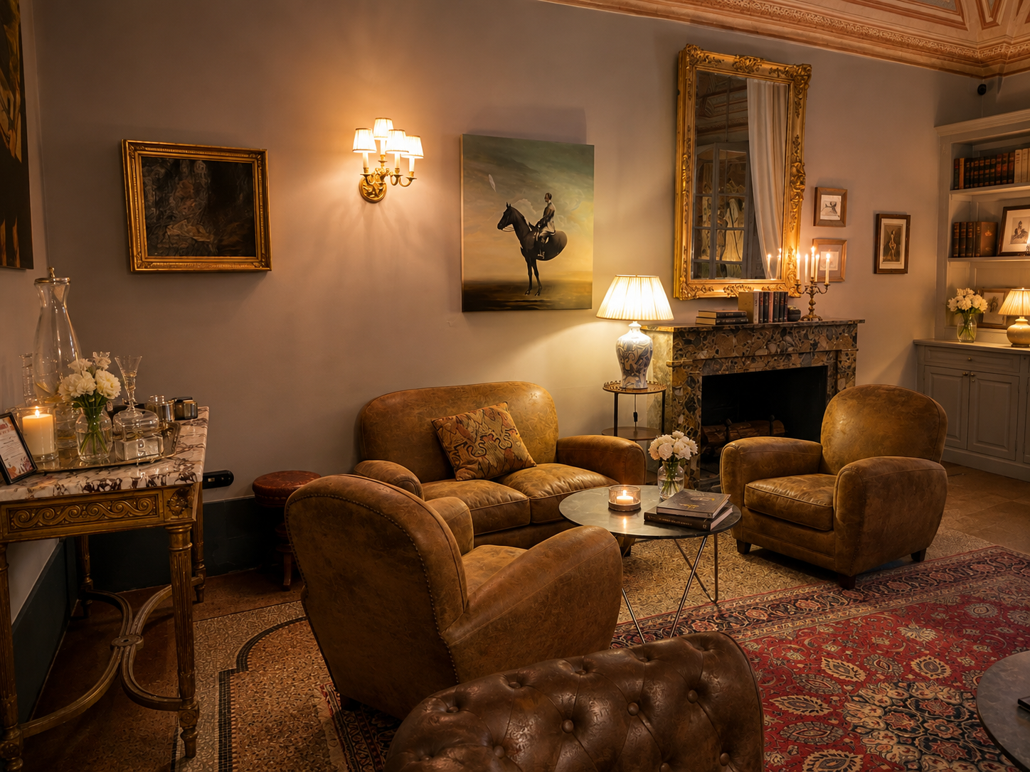 Salon bar du Château de Collias avec ses fauteuils en cuir
