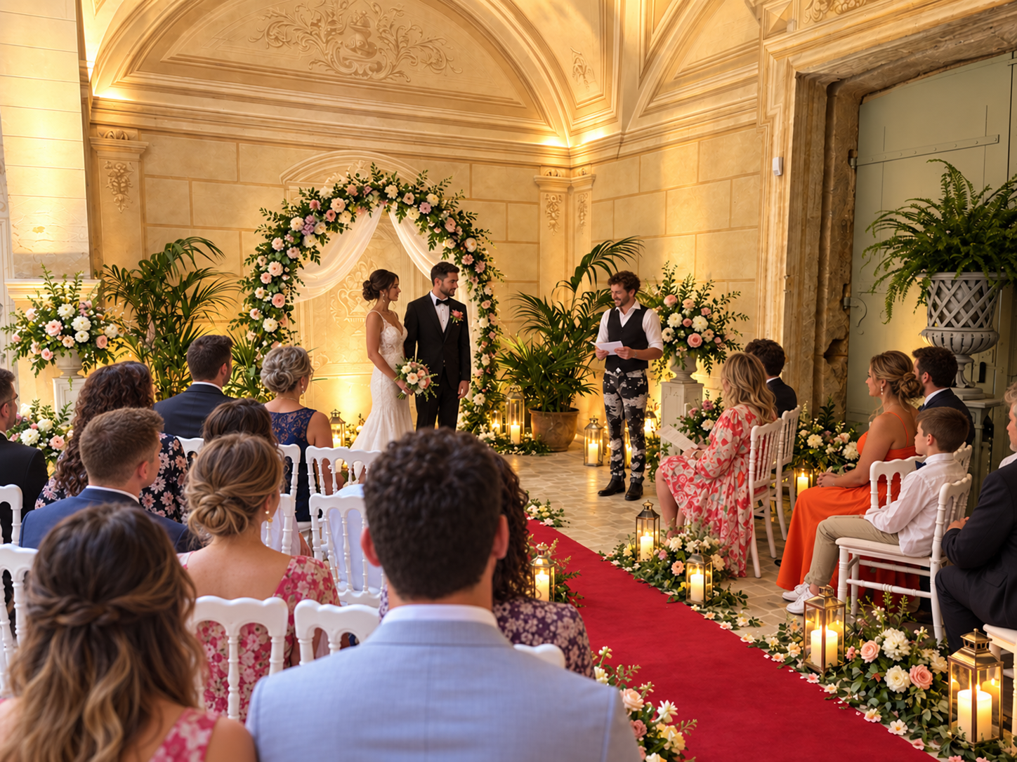 Cérémonie de mariage sous une arche fleurie dans les salons du château